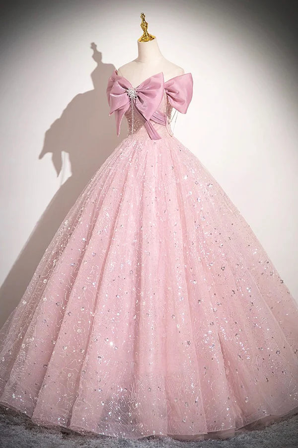 Wholesale Pink Tulle Sequins Long A-Line Prom Dress Pink Off Shoulder Evening Dress